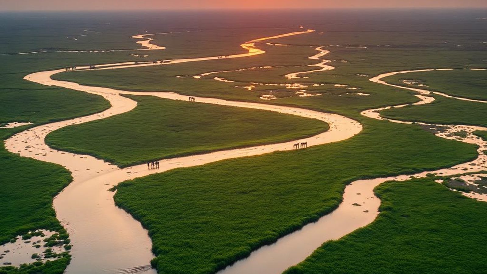 Aerial view of the braided channels of the Okavango Delta winding through green floodplain