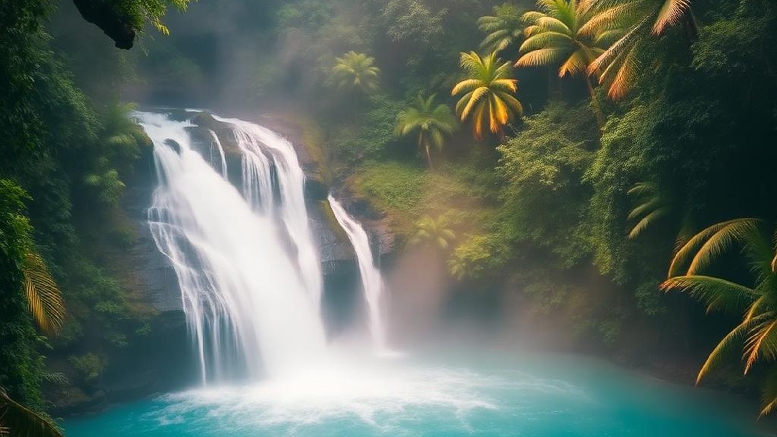 A jungle waterfall falling into a turquoise pool ringed by palms in Costa Rica