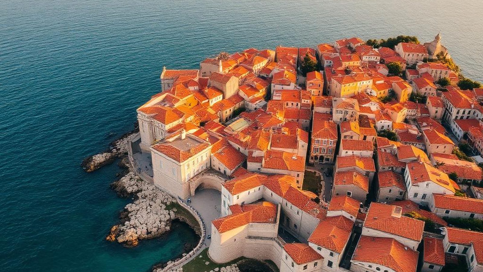 Terracotta rooftops of Dubrovnik's walled old town on the edge of the Adriatic