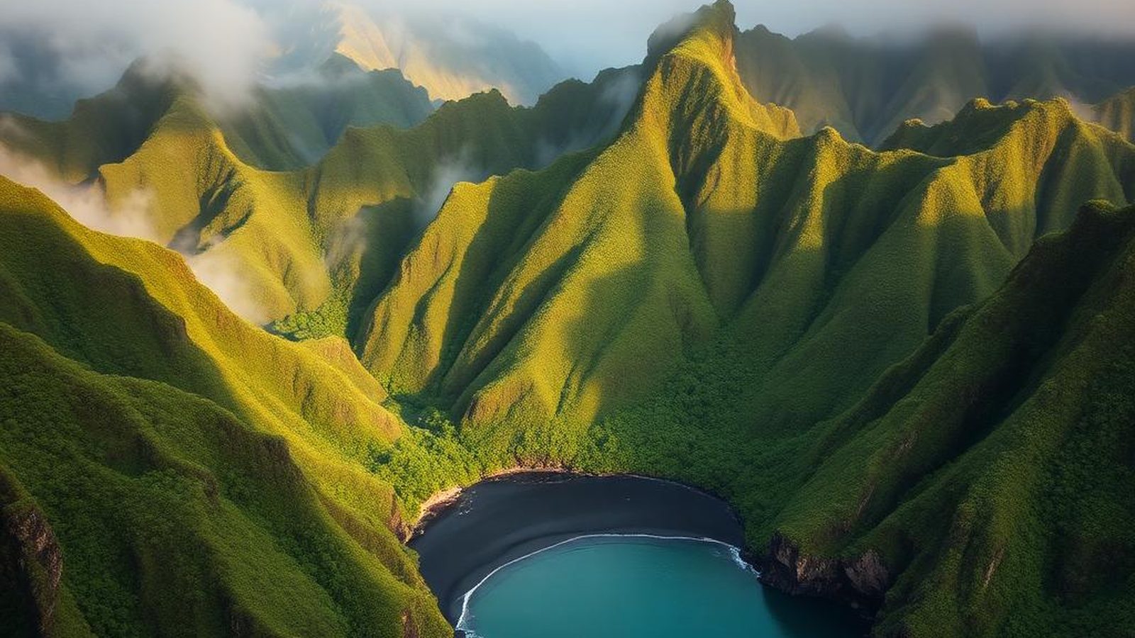 Aerial view of Dominica's steep green volcanic ridges above a still bay