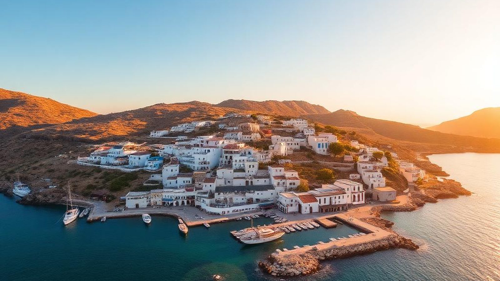 A Cycladic village of white houses curving around a harbour at golden hour