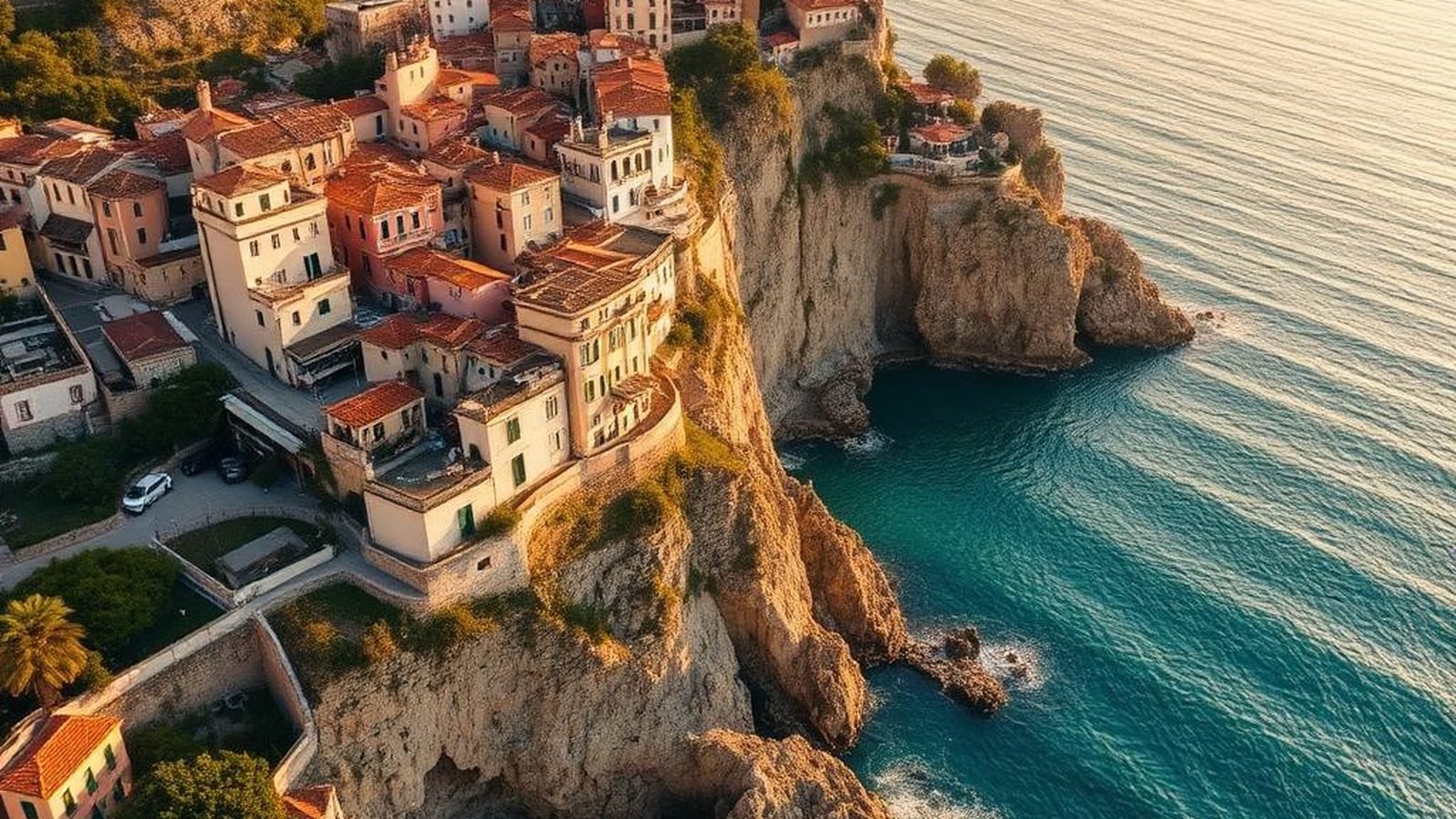 A cliffside Italian village of ochre houses above clear coastal water