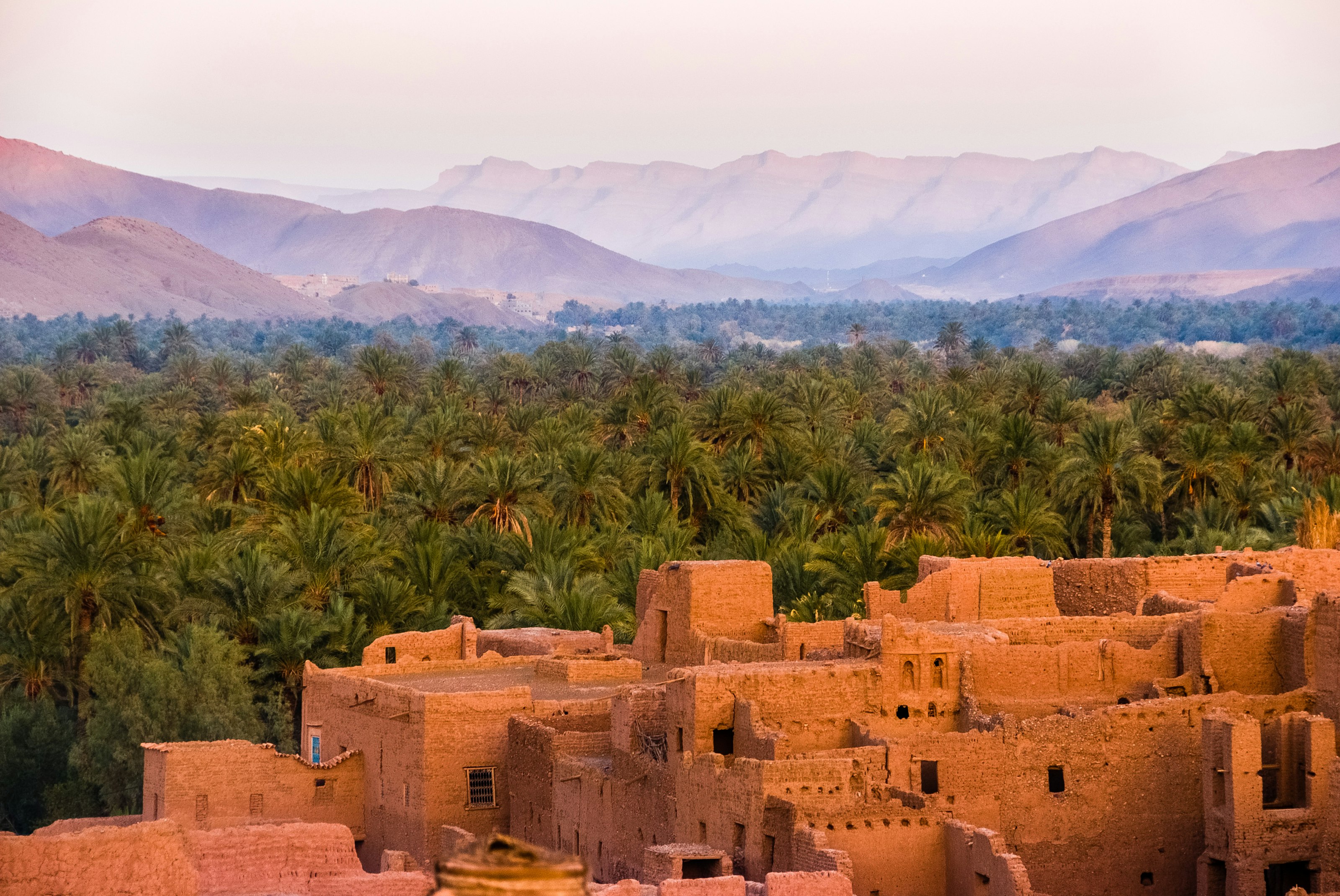 Mud-brick kasbah walls rising above a palm oasis in southern Morocco