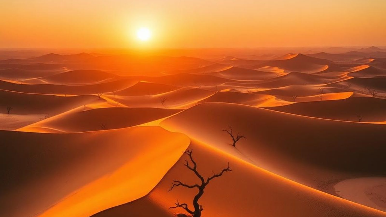 Sun rising over the red dunes of Sossusvlei beside a bare camel-thorn tree