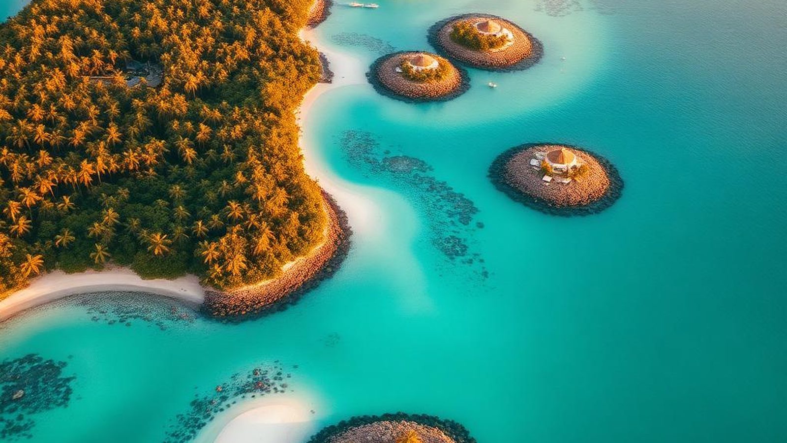 Aerial view of turquoise shallows and palm-covered islets in Bocas del Toro