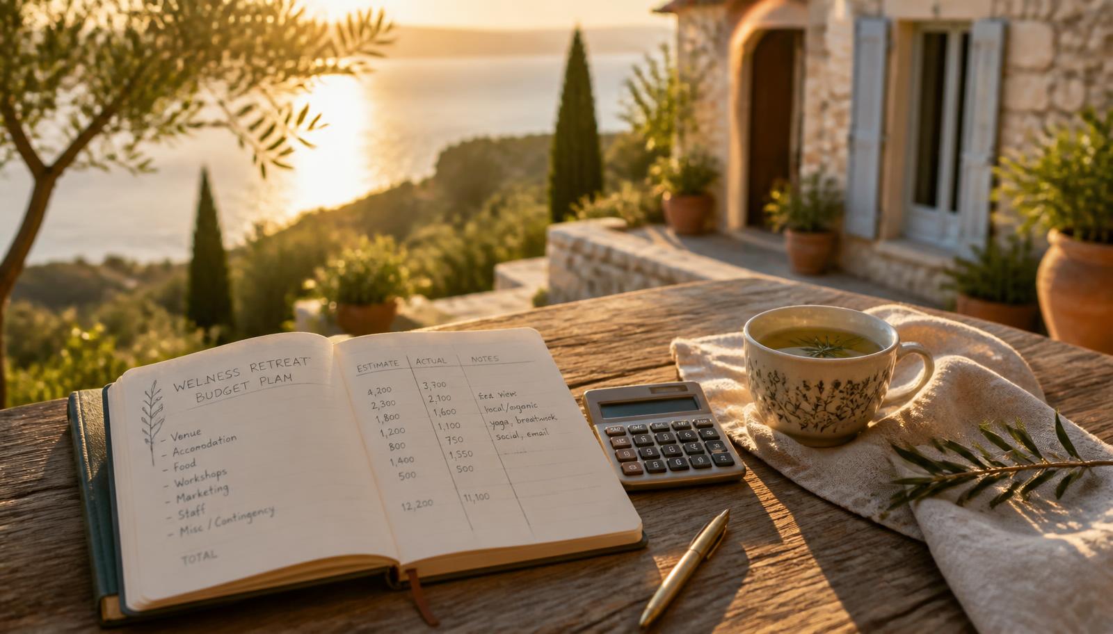 Retreat budget notebook and contract on a villa terrace