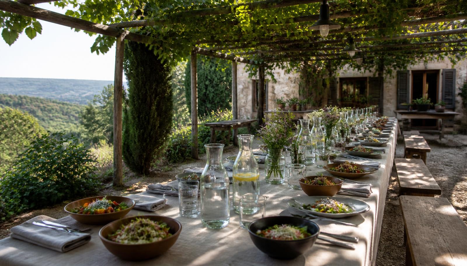 Retreat guests sharing an outdoor dinner table
