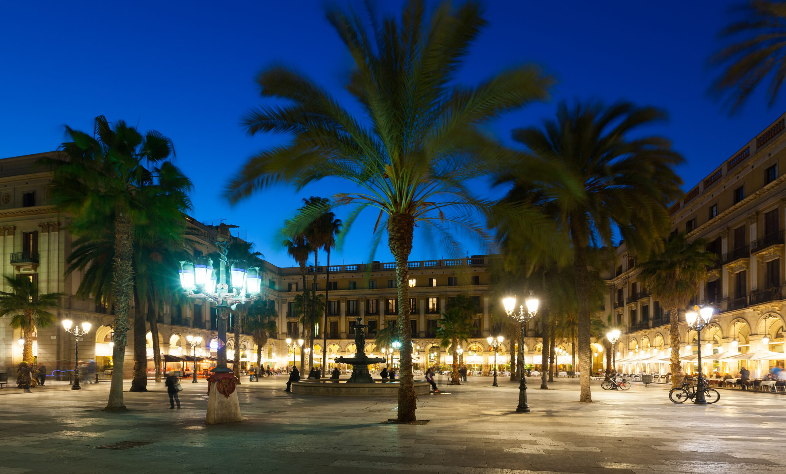 evening view of Placa Reial in Barcelona